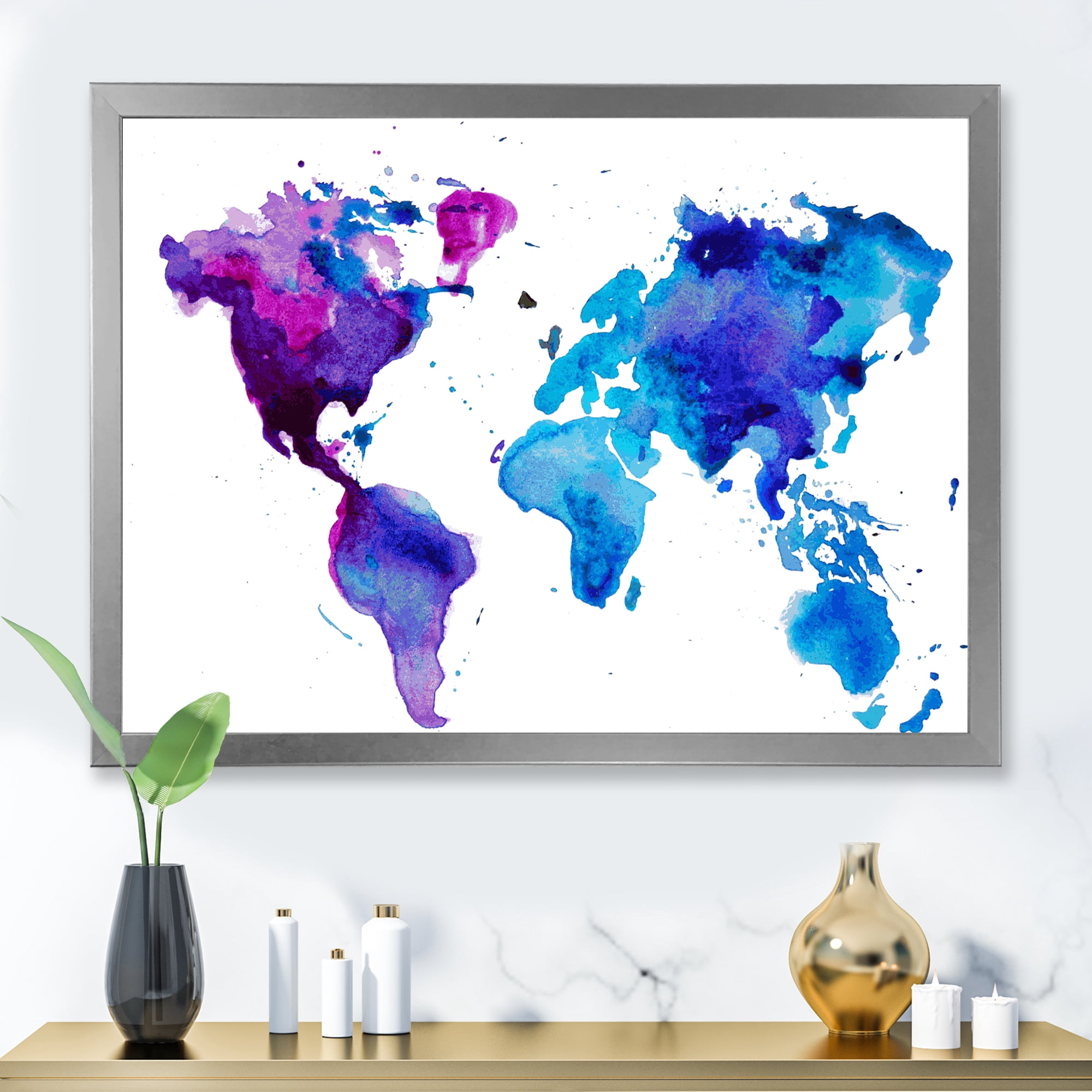 Designart 'Blue and Purple Map Of The World' Modern Framed Art Print