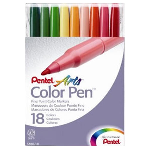Pentel Arts Stylos de Couleur, Pointe Fine, Couleurs d'Encre Assorties, 18 Unités