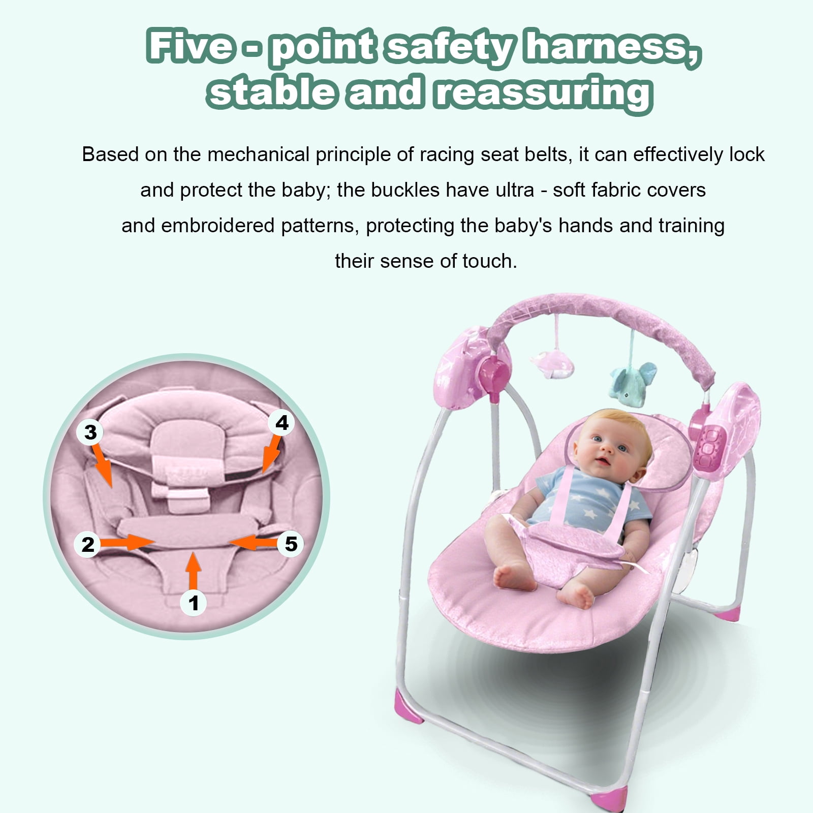 LHUAI, Electric Baby Swing And Bouncer Combo, Portable Compact Automatic, Bluetooth Music, 12 Preset Melodies, Remote, Pink