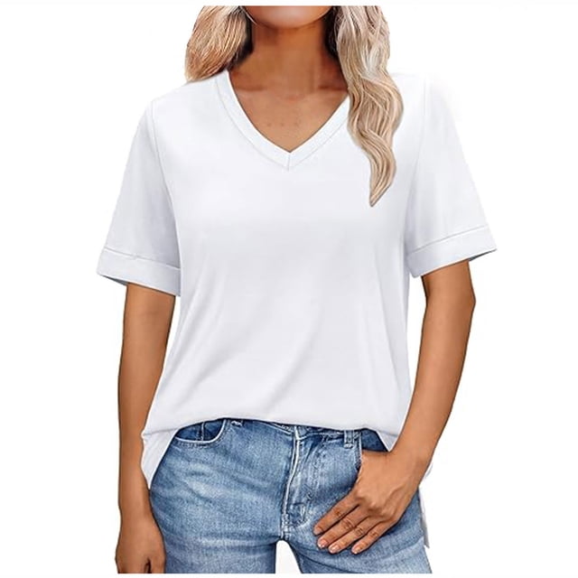 Womens Short Sleeve T Shirts Loose Fit V-Neck Summer Casual Basic Tee Solid Color Business Work Trendy Tops