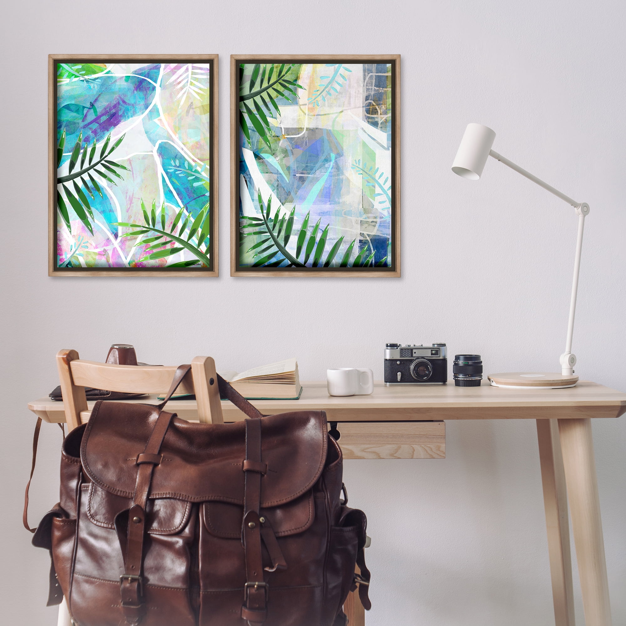 Stupell Industries Abstract Pastel Palm Shapes Plants & Flowers Painting Brown Floater Framed Canvas Art Print Wall Art, 21 x 31, Set of 2