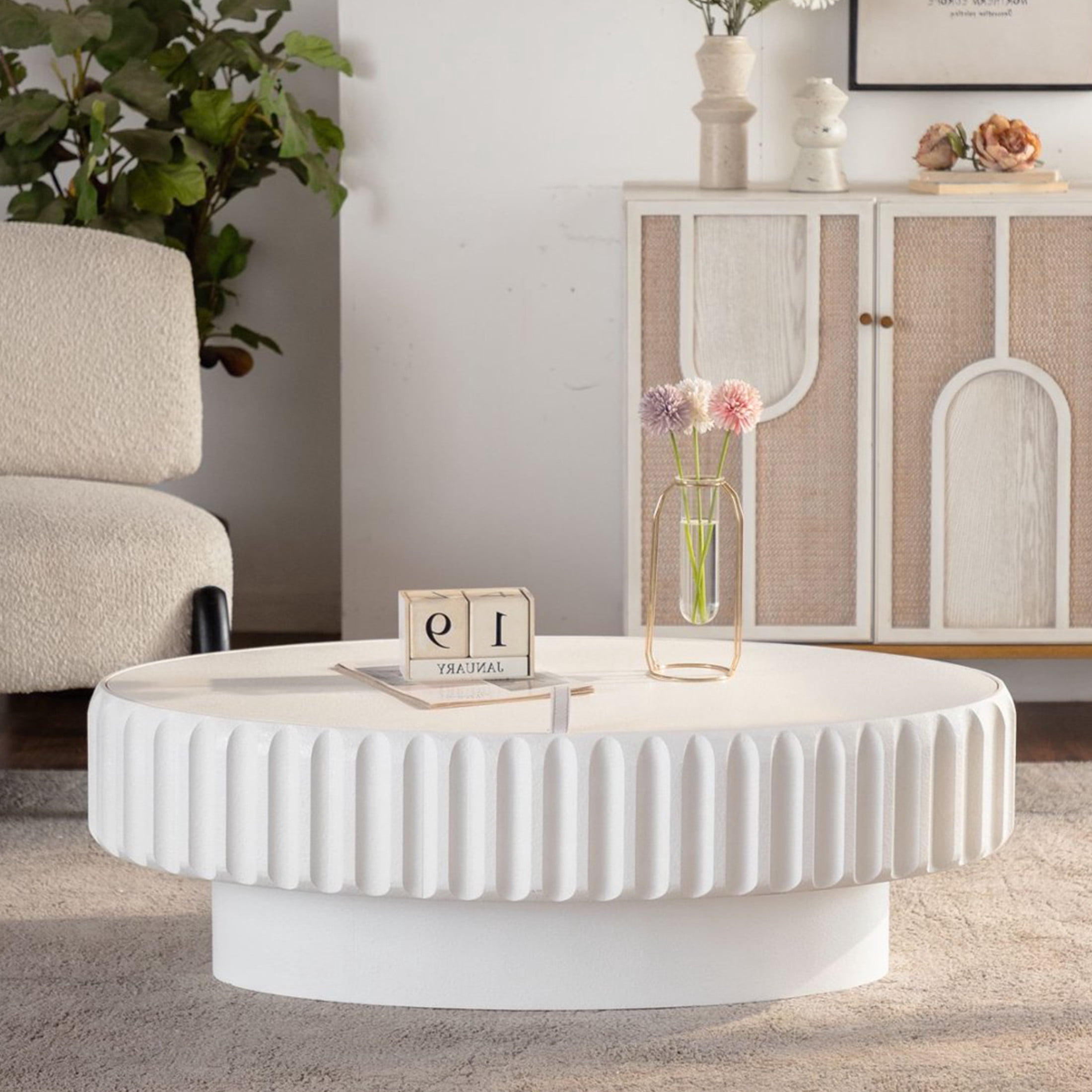 Noble House Haylie 31.5" Oval Fluted Storage Coffee Table with Lift-Top Lid, for Modern Living Room, Cream White
