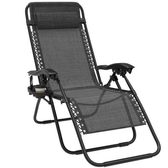 Luxvie Zero Gravity Chair Patio Adjustable Reclining Folding Chair Outdoor Lawn Lounge Chair with Cup Holder Trays and Pillows for Deck Beach Yard and Beach (Black)