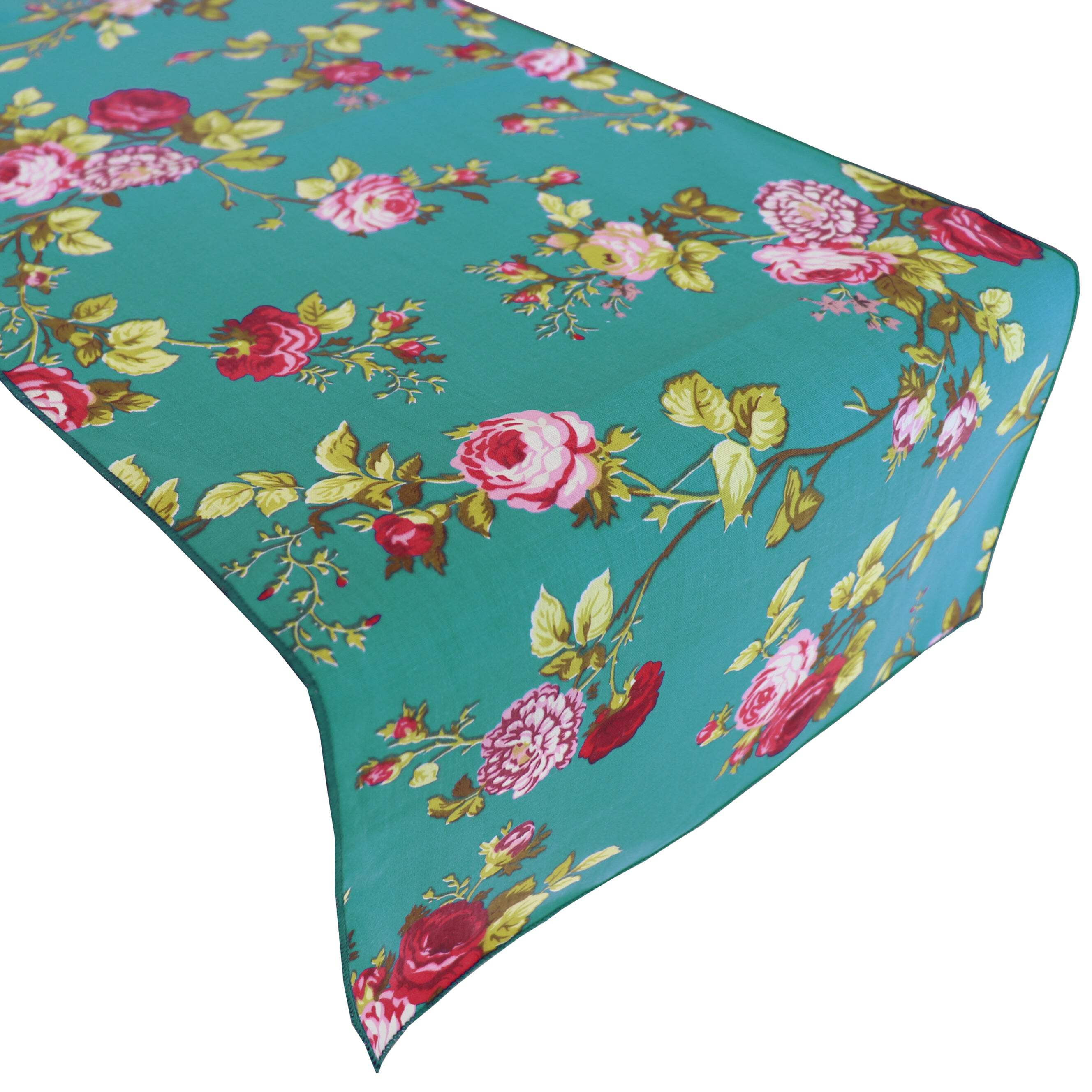 Cotton Print Table Runner Floral Vintage Flowers Teal