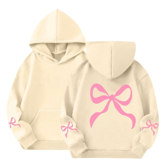 GiLiling Girls Bow Graphic Hoodies Cute Print Cotton Pullover Hoodie Sweatshirts Kids Long Sleeve Soft Tops with Pockets (Light Yellow, 11-12 Years)