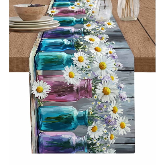 Hokiten Table Runners 48 Inches Long Dress Scarves, Vintage Flower Farmhouse Kitchen/Dining Table Runner, Short Coffee Tablerunners, Spring Botanical Lavender Daisy Wood 13x48 Inch