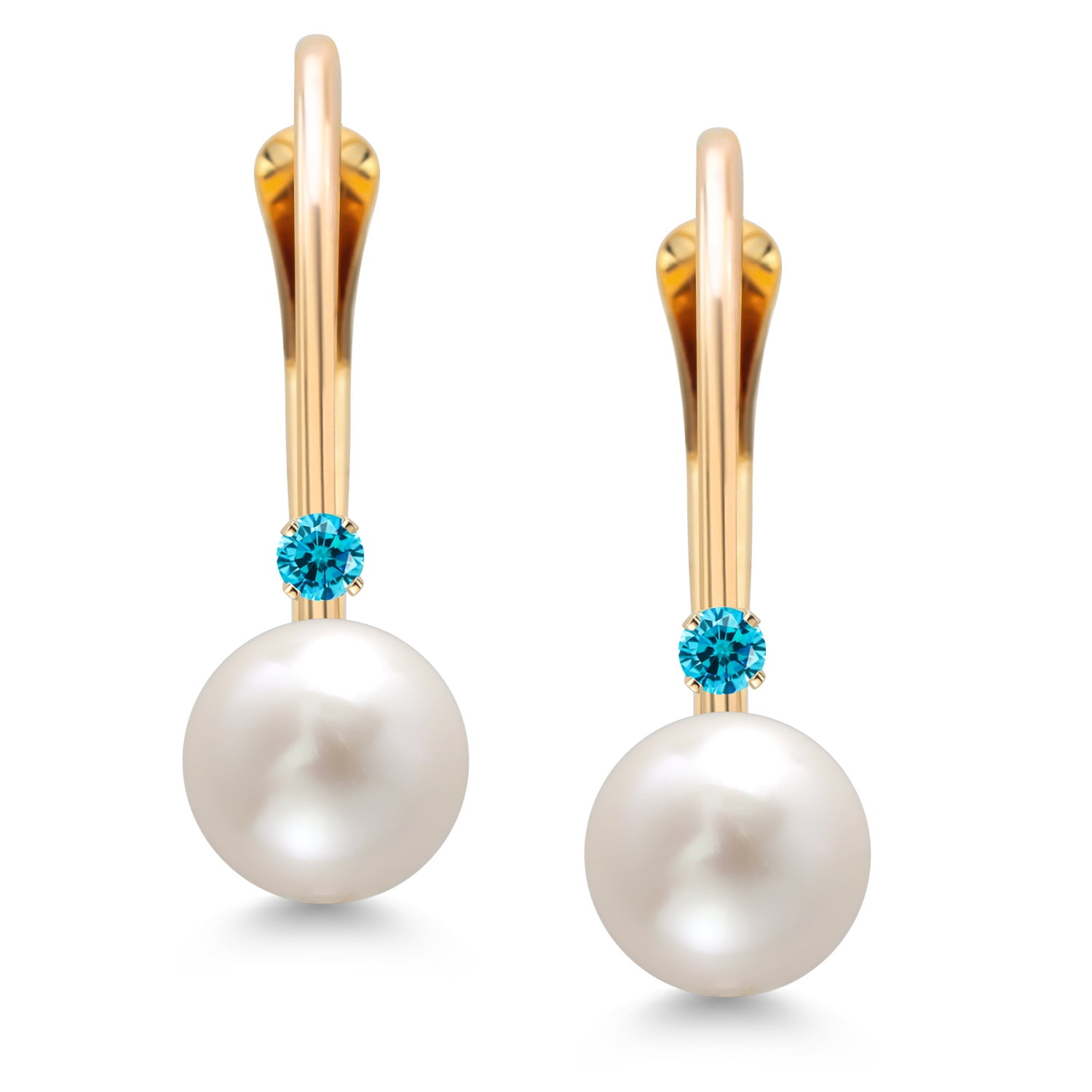 Gem Stone King 14K Yellow Gold Round White Cultured Freshwater Pearl and Round Blue Zirconia Leverback Drop Dangle Earrings for Women (Pearl: 5.5MM, Zirconia: 1.5MM)