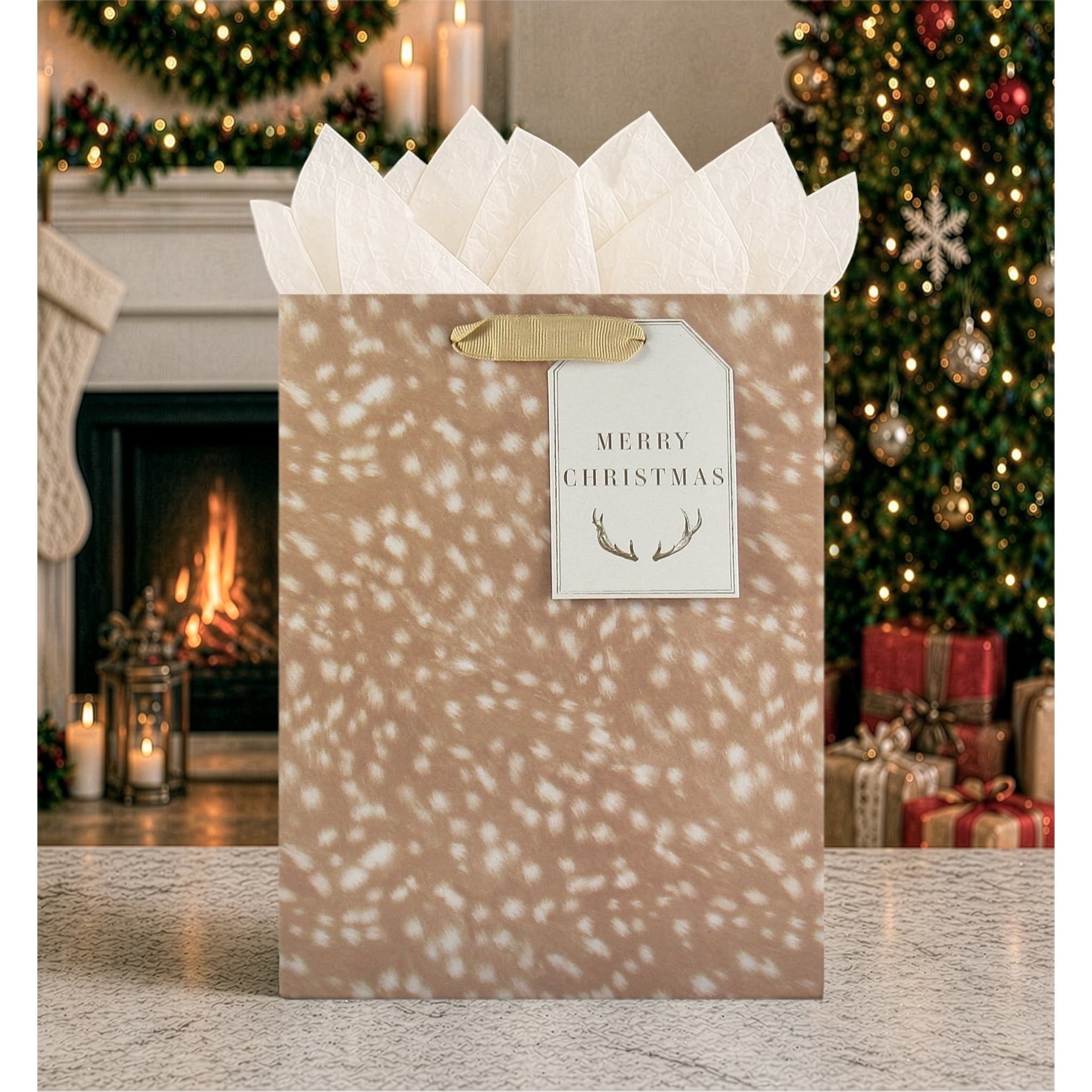 Tan and White Deer Print Christmas Paper Gift Bag, 7.5" x 4.5" x 9.75", by Holiday Time