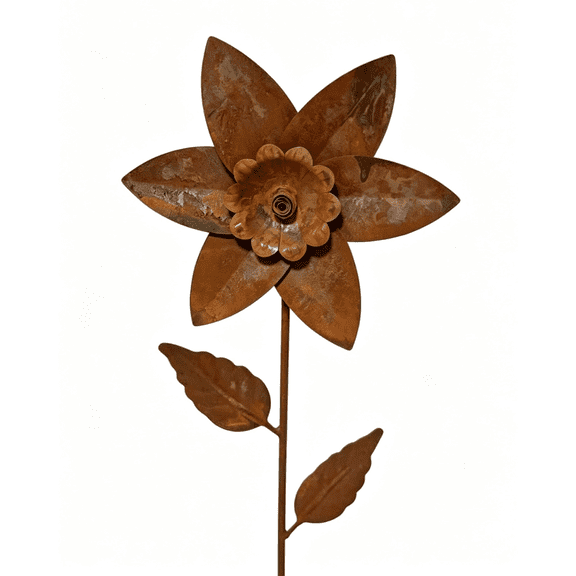 Rusty Metal Flower Garden Stake, Weather Resistant Vintage Plant Pot Decor, Rustic Yard Art Ornament for Indoor Outdoor Backyard Landscape