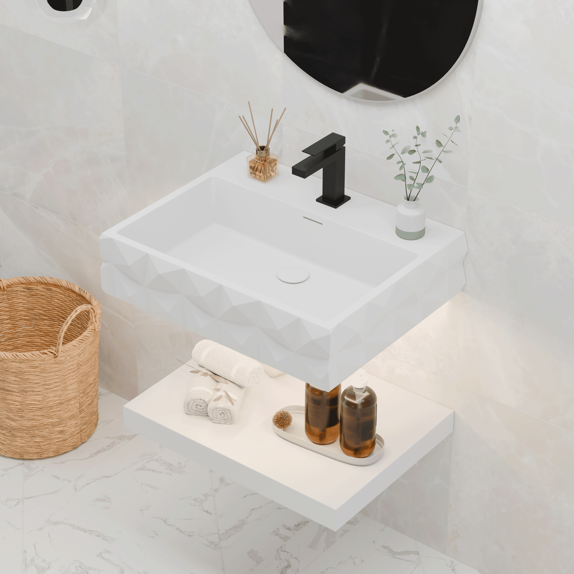 GESIPOR 24"x19" Bathroom Floating Vanity Sink with LED Light, Wall-Mount Stone Resin Bathroom Vessel Sink Rectangular Modern Art Basin with Shelf Layer