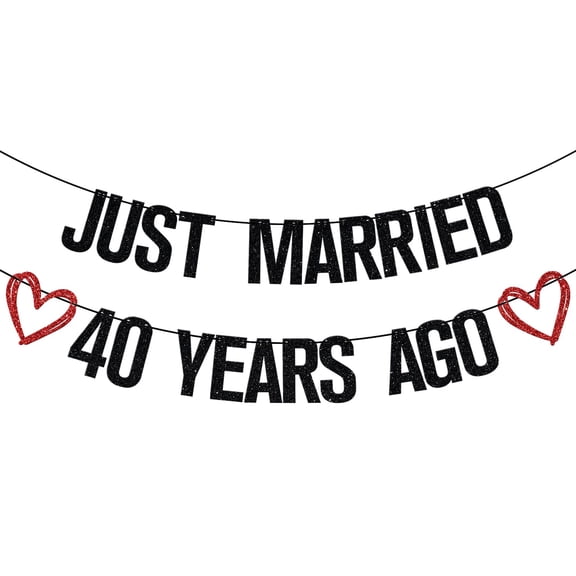 Just Married 40 Years Ago Banner, Happy 40th Anniversary Banner, Cheers to 40 Years, 40th Wedding Anniversary Party Decorations, Black Glitter
