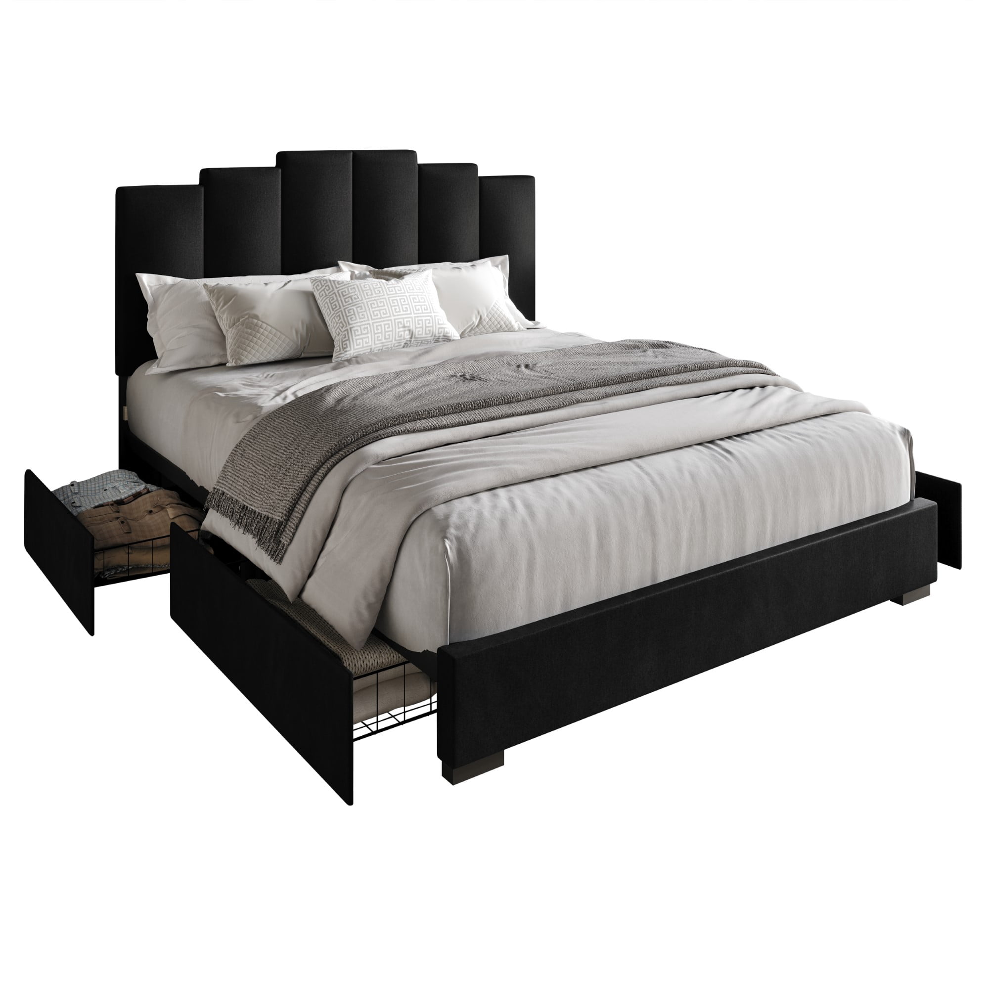 Home Design Yuma King Upholstered Storage Platform Bed Frame with Stepped Headboard Design and Four Under-Drawers, Black, Easy Assembly