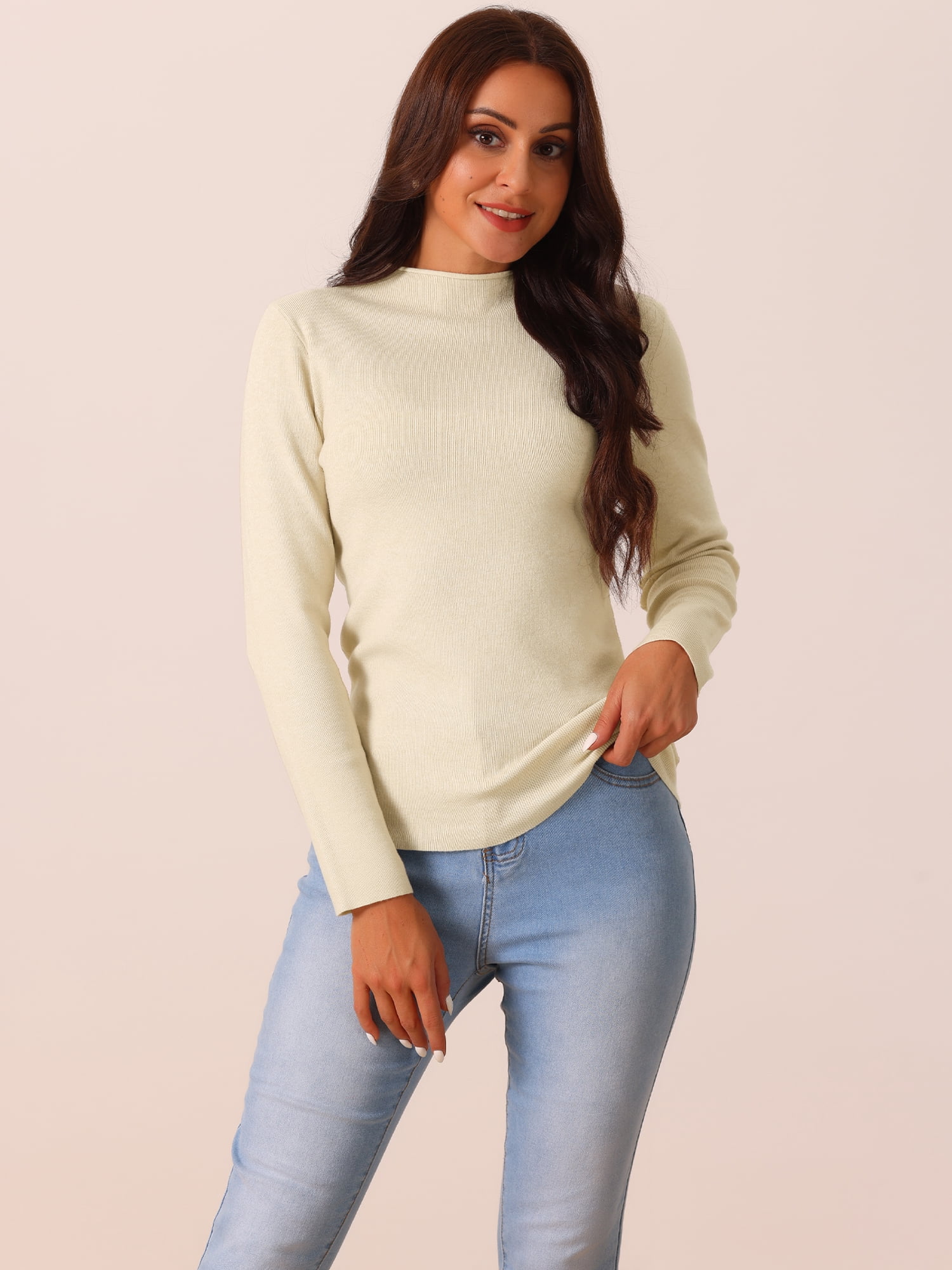 DARING DIVA Mock Neck Ribbed Knit Slim Fit Pullover Sweater Top M Beige