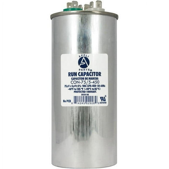Appli Parts Dual Run Capacitor for ac 75 5 Mfd uF (microfarads) 370VAC or 450VAC CBB65 Round Universal fit for hvac and other applications 5-5/8 in High 2-1/4 in Wide CON-75/5-450