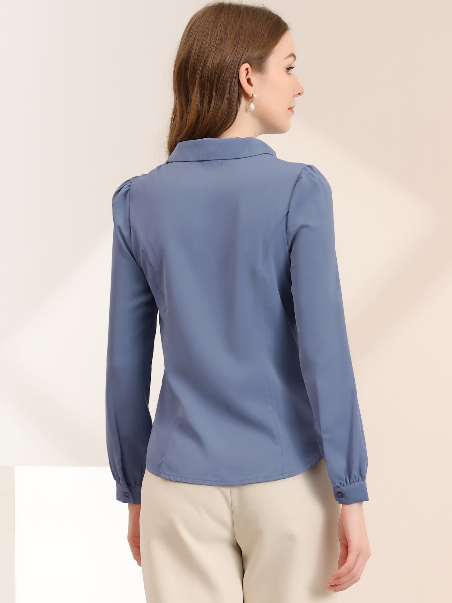 DARING DIVA Pan Collar Bow Tie Neck Work Office Shirt S Dusty Blue