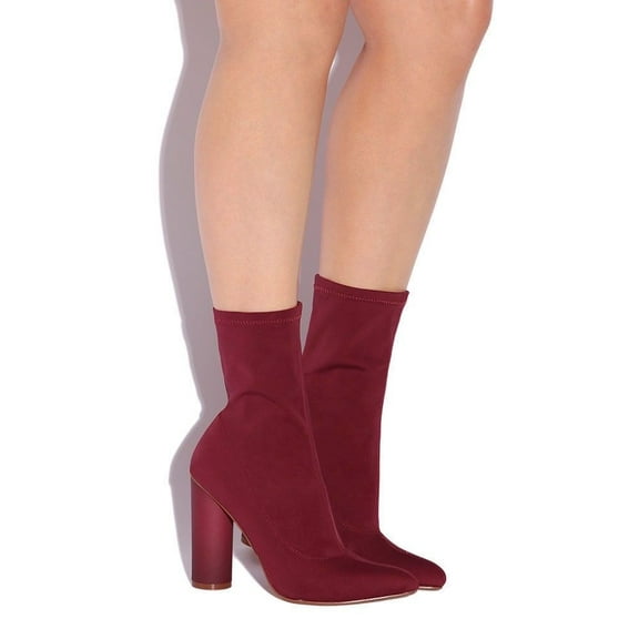 Cape Robbin Paw-1 Fitted Pointed Toe Cylinder Heeled Slip On Stretch Ankle Boots (Burgundy, 8.5)