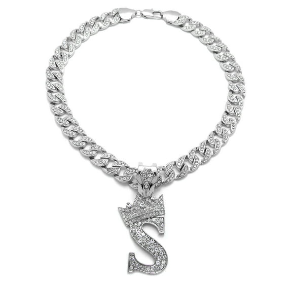 iJewelry2 Kings and Queens Crowned Initial Letter S Crystals Pendant Silver-tone Cuban Linked Chain Necklace
