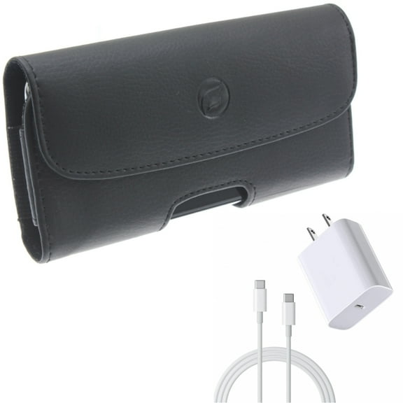 6ft USB-C Cable PD Type-C 18W Fast Home Charger w Holster Leather Case Belt Clip for Samsung Galaxy A30s A20 - T-Mobile REVVL 4 - TCL 10 Pro - Wiko Ride 3 - Xiaomi Redmi Note 7, Mi 9T