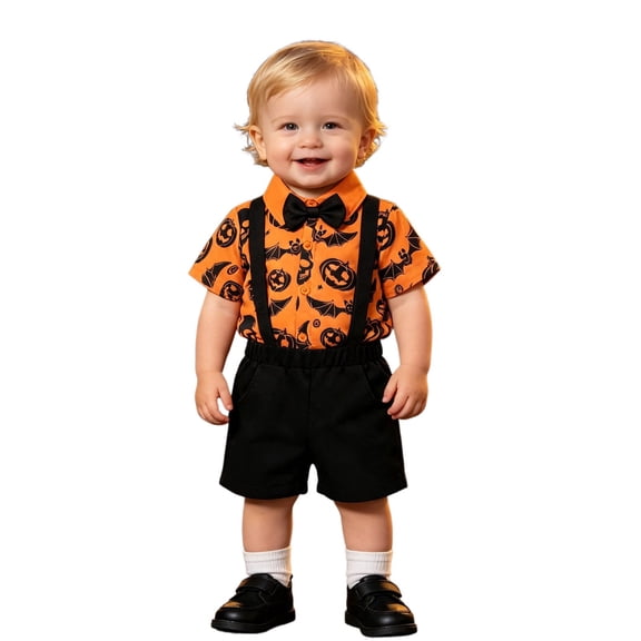 RMGVDSD Baby Boy Halloween Outfit Pumpkin Bat Print Short Sleeve Romper Bowtie Suspender Shorts Two Piece Set Festival Outfits 6-12 Months
