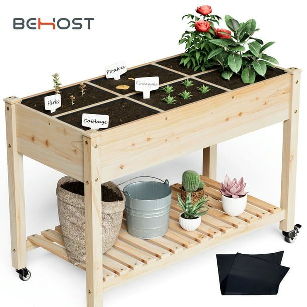 Raised Garden Bed w/Bed Liner, BEHOST Elevated Wooden Planter Box Stand