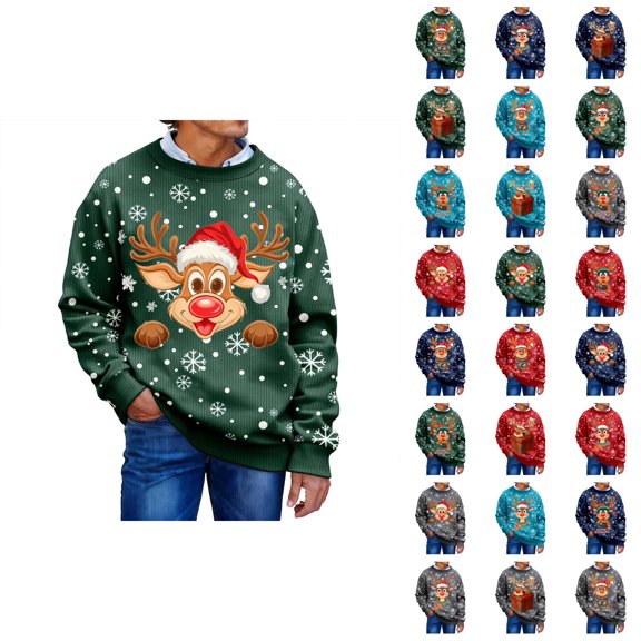 Christmas Sweatshirt for Men Women Long Sleeve Loose Casual Crewneck Ribbed Texture Snowflake and Reindeer Print Pullover