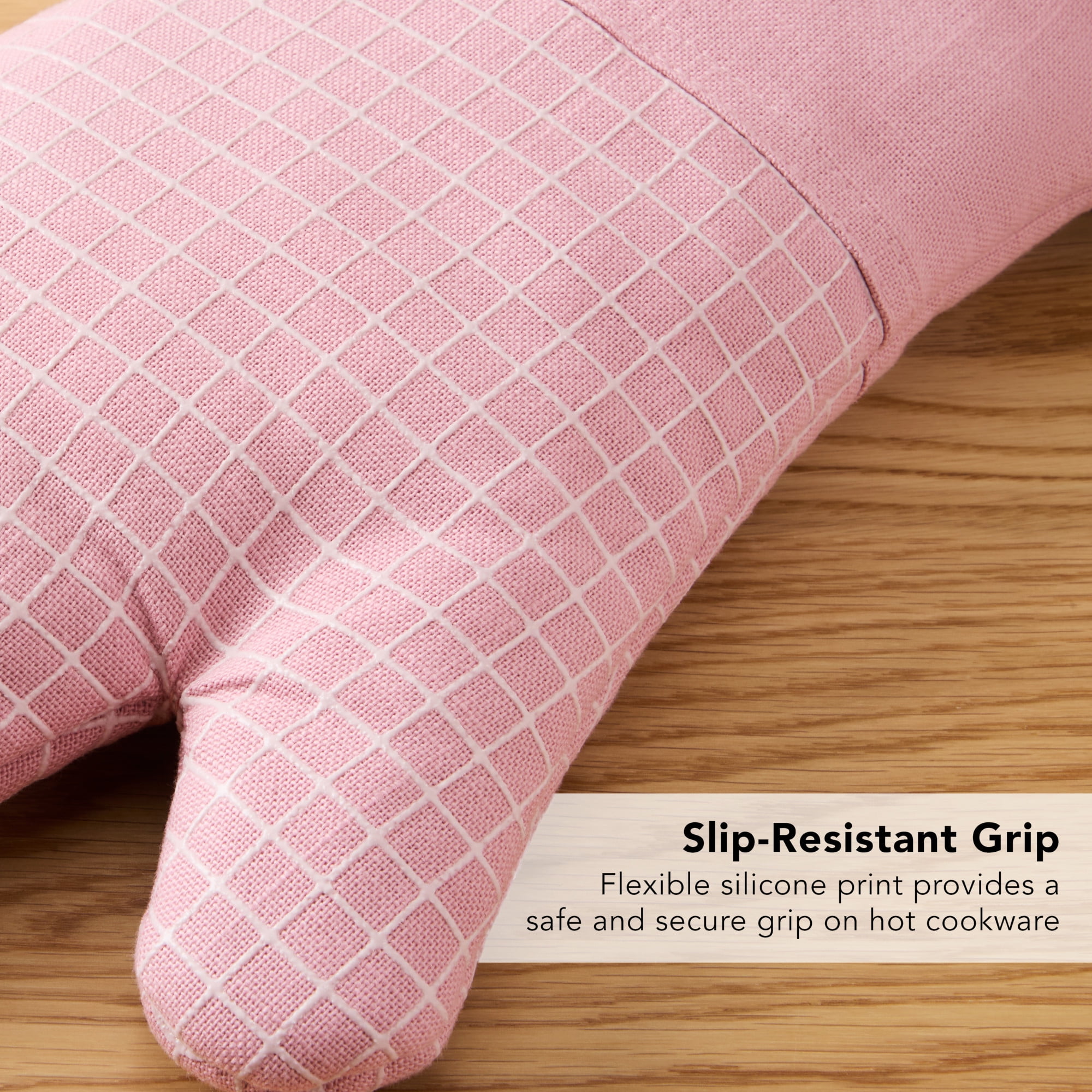 KITCHENAID Gourmet Series Gridlines Oven Mitts 2-Pack Set, Heat Resistant up to 600°F, Soft Silicone Grip, Magnetic Cuff, Dried Rose, 7"x14"