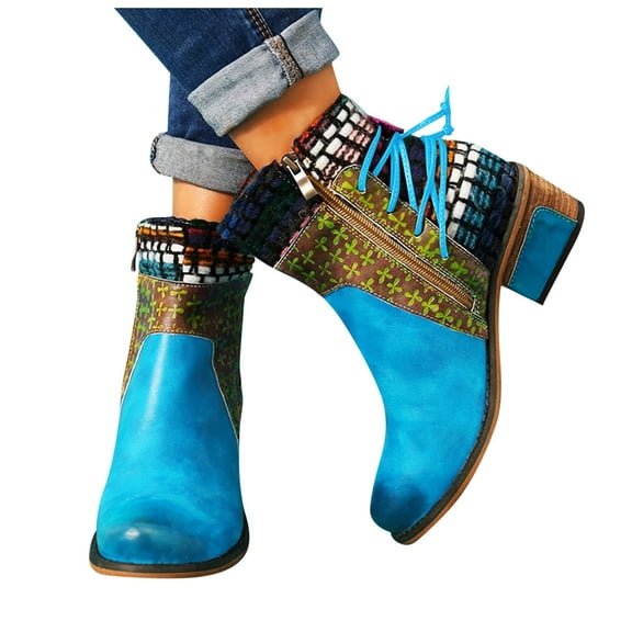 Dakaela Vintage Boots for Women Leather Boho Round Toe Ankle Booties Retro Steel Toe Dress Short Boots