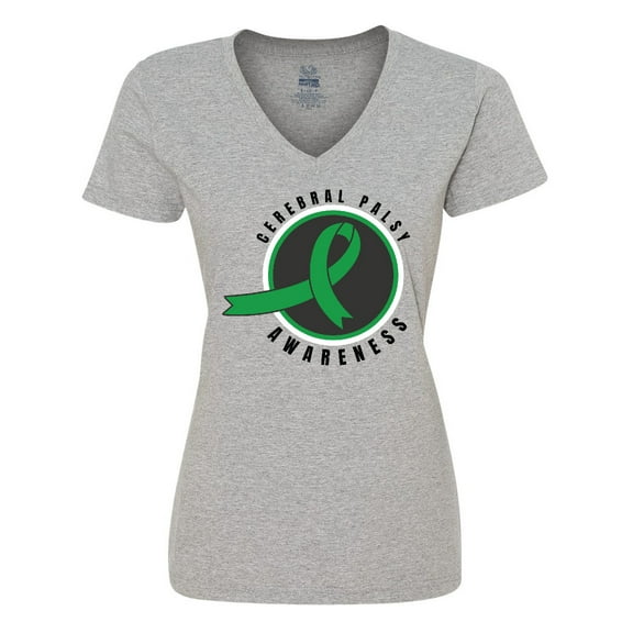Inktastic Cerebral Palsy Awareness Green Ribbon Badge Women's V-Neck T-Shirt