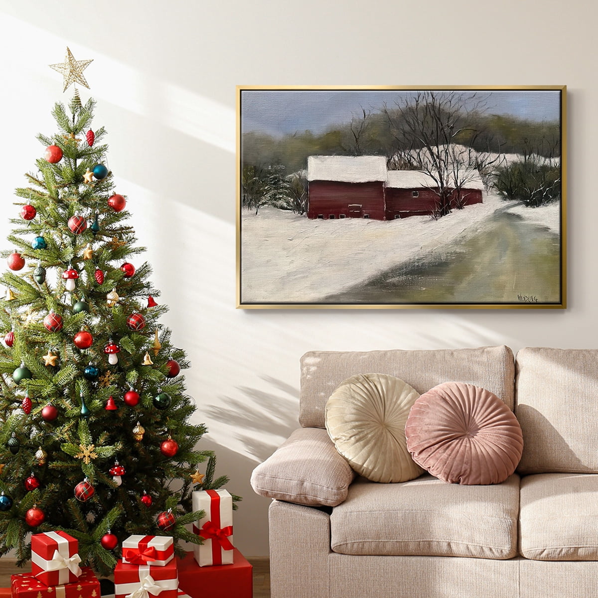 Winter Homestead II - Framed Gallery Wrapped Holiday Canvas - 17 x 25 - Gold Frame