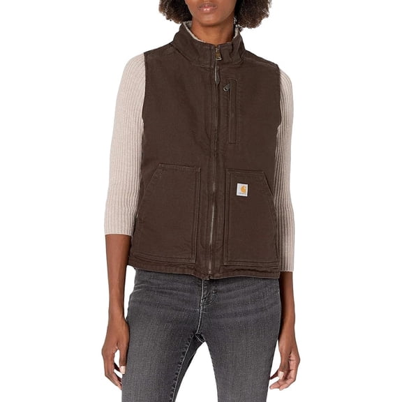 Carhartt Women's Dark Washed Duck Sherpa Lined Vest Brown Medium