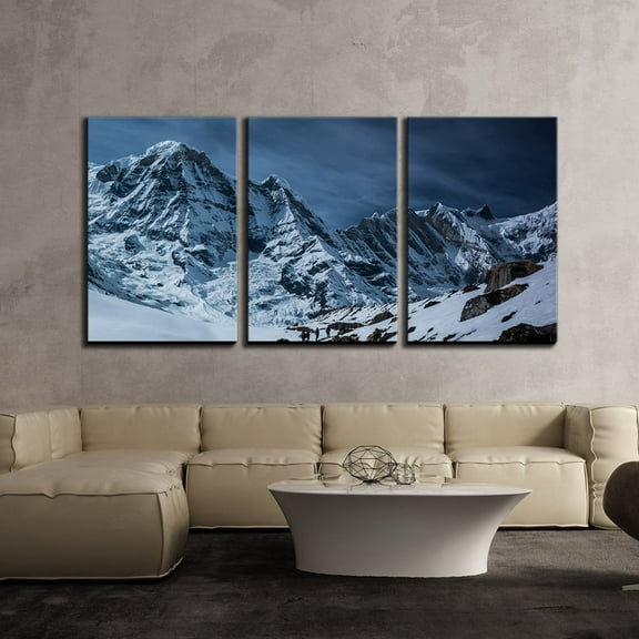 wall26 - 3 Piece Canvas Wall Art - Landscape of Snow Covered Mountains and Travellers - Modern Home Art Stretched and Framed Ready to Hang - 24"x36"x3 Panels