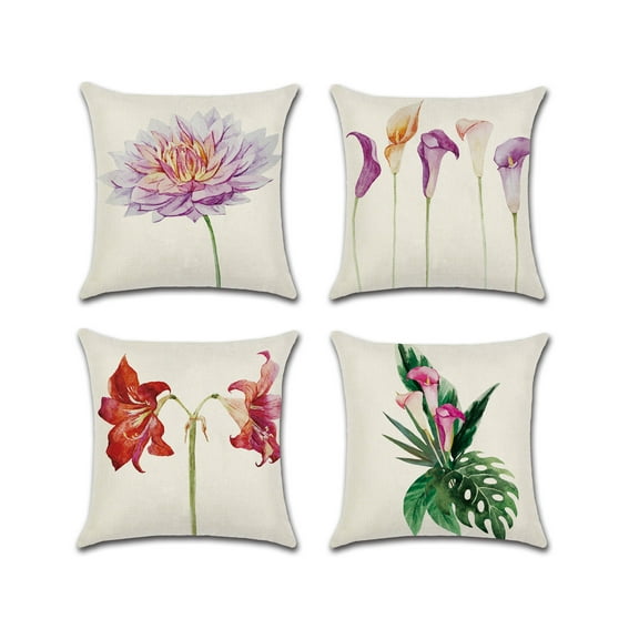 Flower Themed Design Cotton Linen Fabric, Decorative Indoor / Outdoor Throw Pillow Cover Set 18x18
