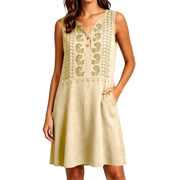 Kukoosong Women's Sleeveless Embroidered Tank Dress with Pockets, V-Neck Button Front Mini Casual Loose Flowy A-Line Tunic Dress, Summer Beach Boho Dress