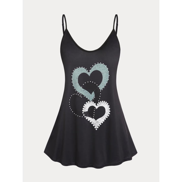 Top de Talla Extra de Tirante Fino con Estampado de Corazón Rosegal Camisetas sin mangas de talla grande