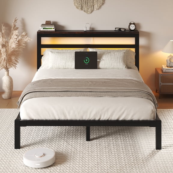 Full Size Bed Frame with Charging Station and LED Light, Heavy Duty Platform Bed Frame with Storage Headboard, Easy to Assemble, Black