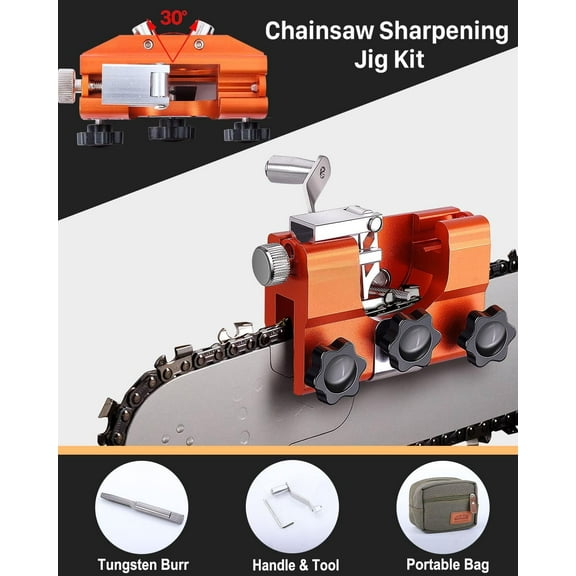 Chainsaw Sharpener, Chainsaw Sharpening Jig Kit with Tungsten Burr and Portable Storage Bag, Hand-Cranked Sharpening Tool for 8-22 inches Chain Saws and Electric Saws. (Tungsten Burr)