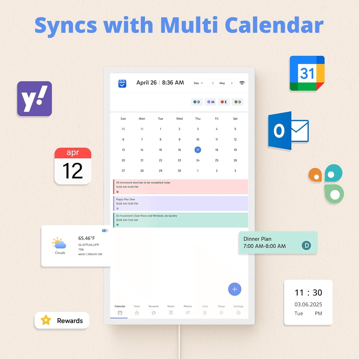 24 Inch Digital Calendar, Electronic Wall Calendar Chore Chart for Family Seamless Planner-White