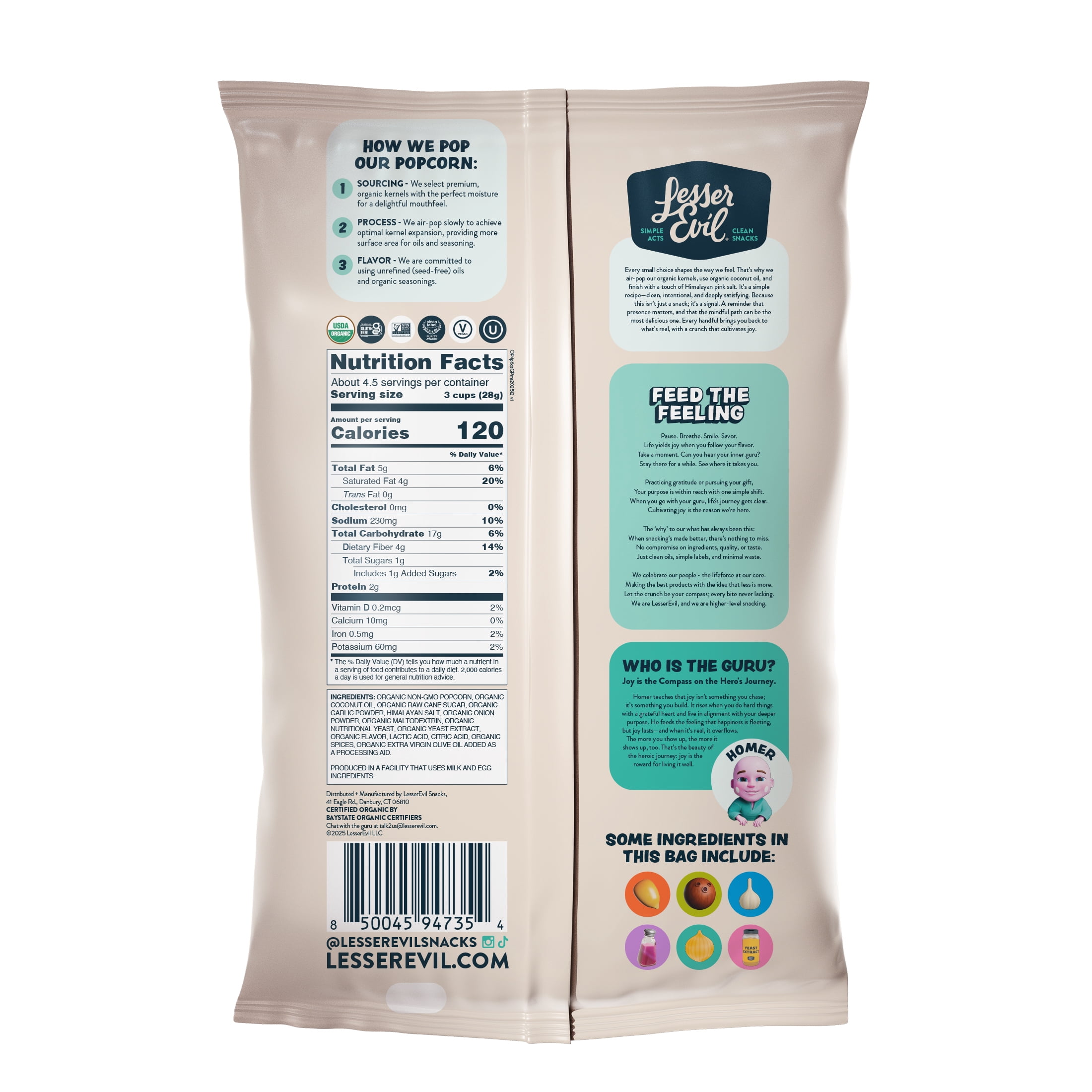 LesserEvil Garlic Parmesan Organic Popcorn, Non-GMO, Allergen-Free, 4.6 oz