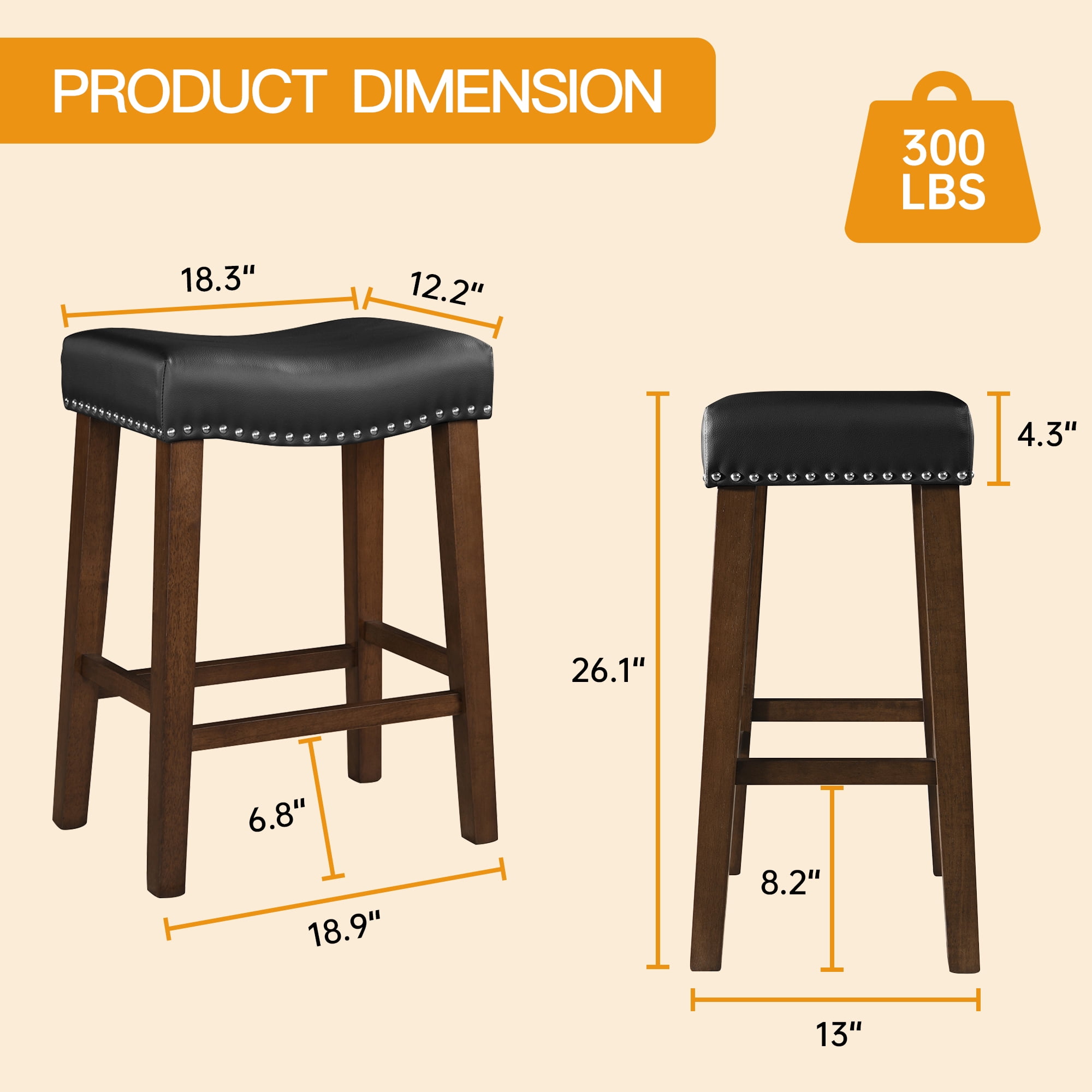 26 Inch Counter Height Bar Stools Set of 2 Saddle Barstools for Kitchen Island Counter, Bonded Leather Kitchen Stools, Black