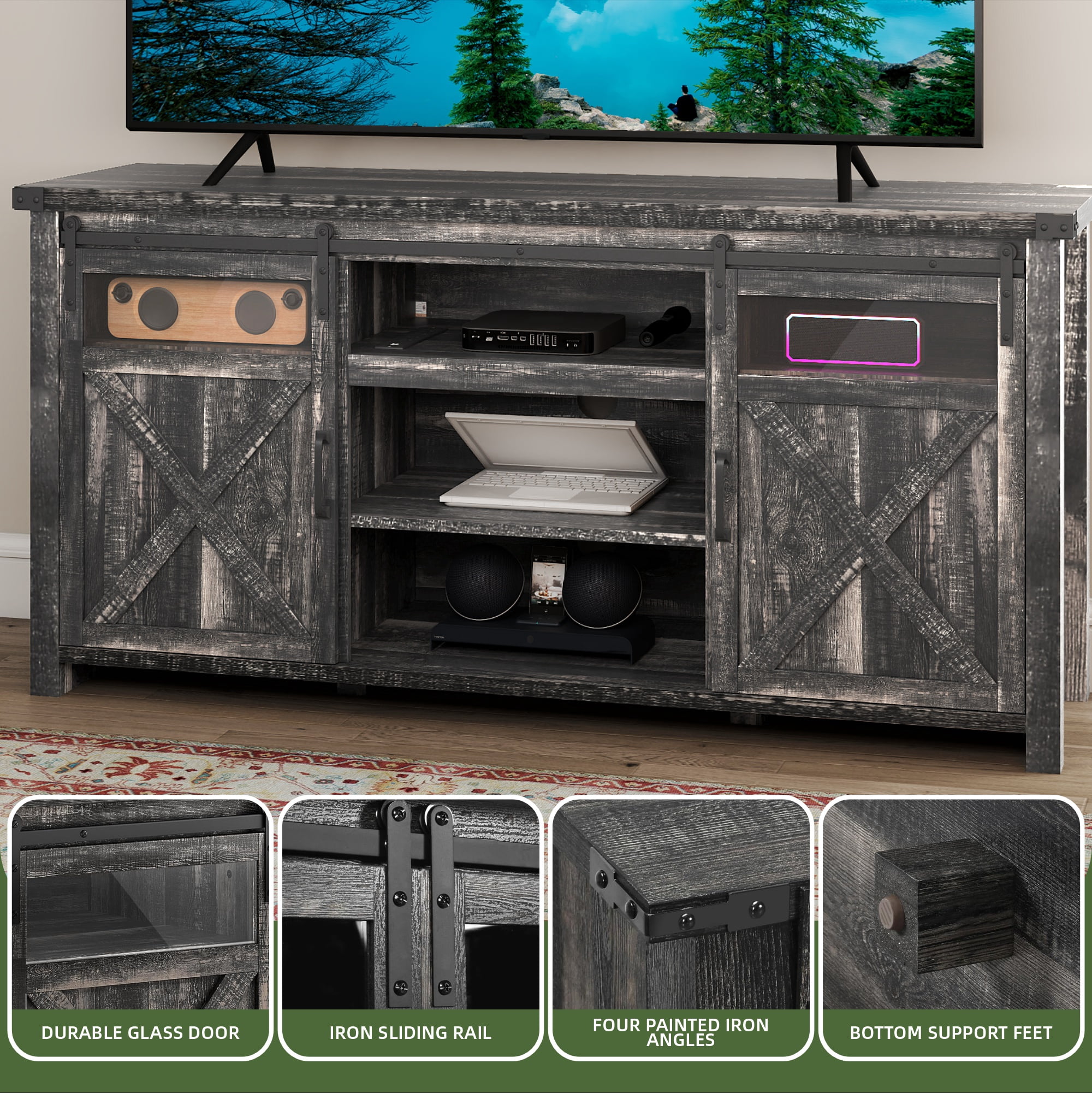 Uforic Farmhouse TV Stand for 75 inch TV, Entertainment Center with Power Outlet, Storage Drawers, TV Console,Dark Rustic Oak