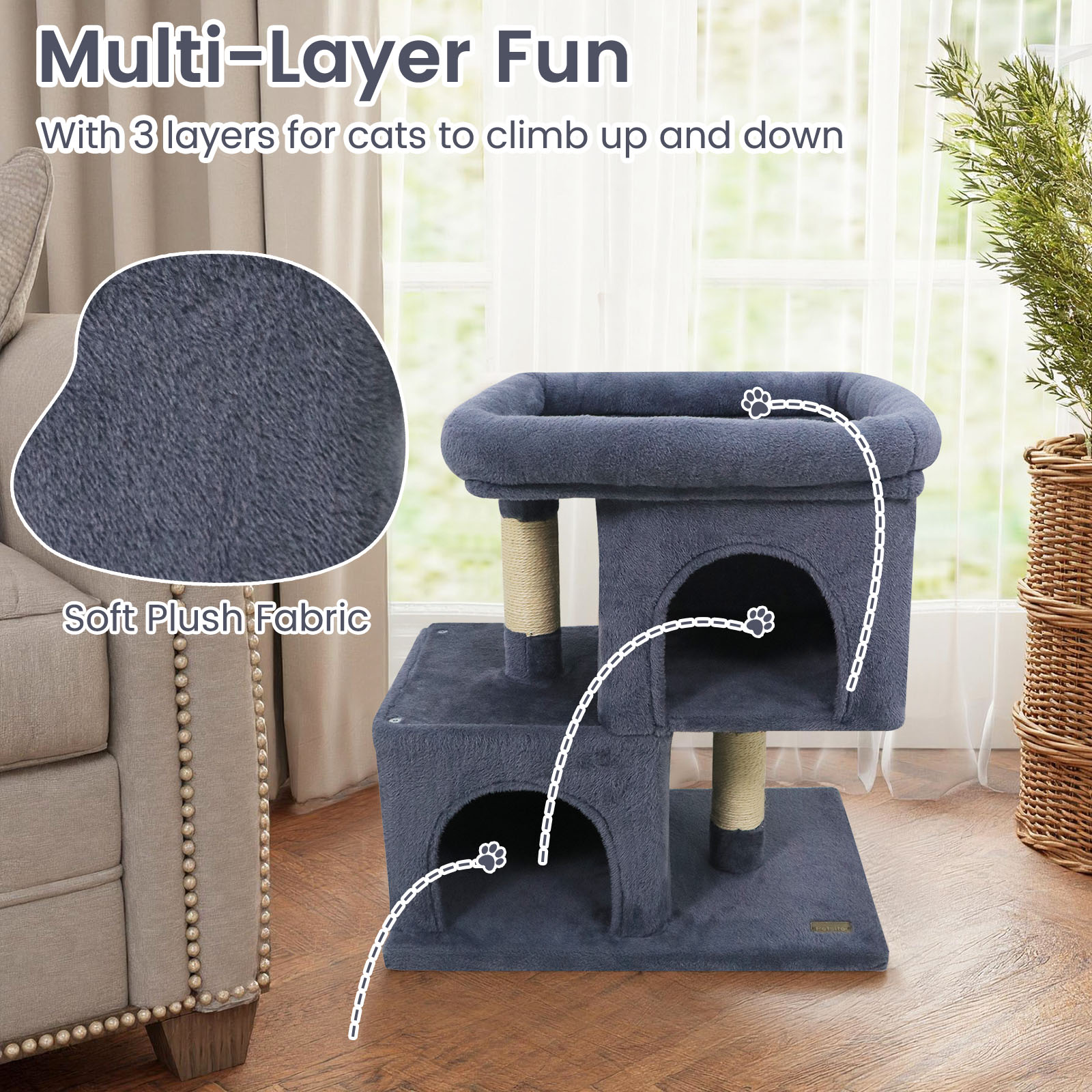 Gymax 25.5'' Cat Tree w/2 Large Condo Padded Top Perch Sisal Scratching Posts for Cats Grey