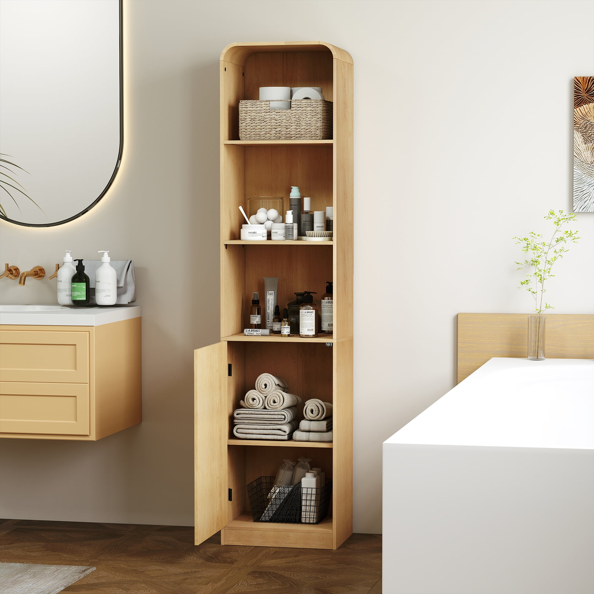 67" Tall Narrow Storage Cabinet Freestanding Tower Cabinet with Door Space Saving Organizer for Bathroom Kitchen Living Room