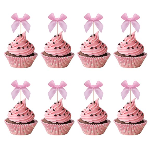 24PCS Pink Bow Cupcake Toppers - Pink Bow Cake Topper,Pink Bow Birthday Decorations,Coquette Themed Party Decoration,Bridal Shower Bachelorette Cake Toppers