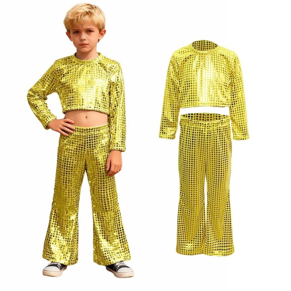 Girls Dance Sparkly Gold Dance Long Sleeve Crop Top and Flared Pants Set Jazz Dance Performance Outerwear