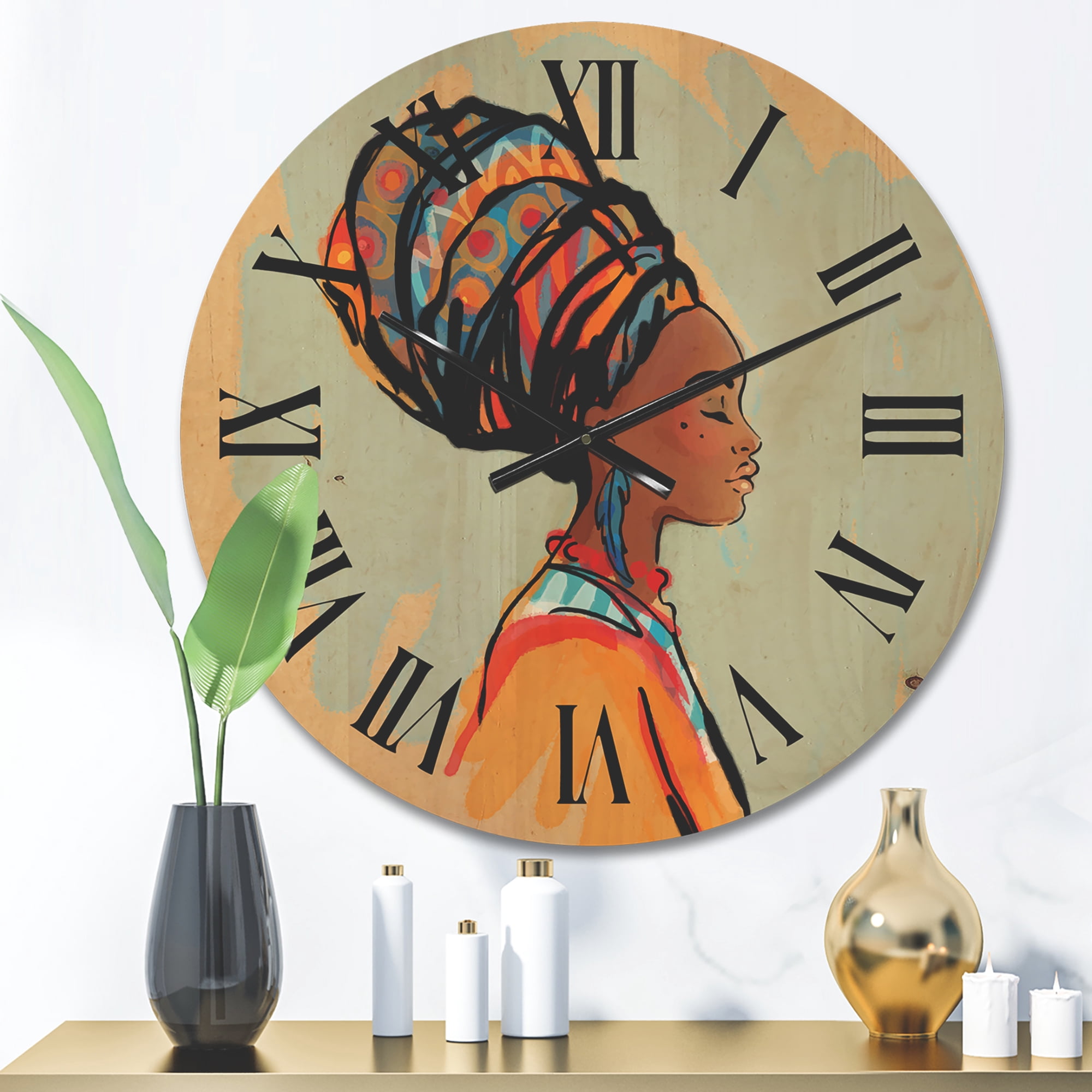 Designart 'Portrait of African American Woman With Turban III' Modern Wood Wall Clock