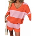 thumbnail image 4 of Women'S Two Piece Sets Summer Lounge Sets Striped Shirts and Shorts Set Oversized Matching Outfit Pink & Orange M, 4 of 9
