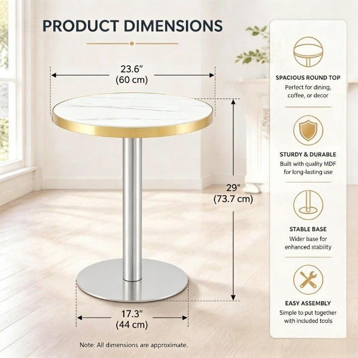 23.6" Round Light Luxury Coffee Table, UV Paint MDF Marble Texture Countertop with Stainless Steel Edging, Sturdy Metal Leg Side Table for Living Room Bedroom Entryway Office