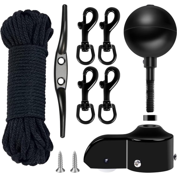 Flagpole Hardware Repair Parts Kit,50 Feet Halyard Rope 3" Black Ball 6" Zinc Alloy Cleat 4 Metal Swivel Snap Clips Aluminum Alloy Flagpole Truck with Nylon Pulley for 1.6"-2" Flag Poles
