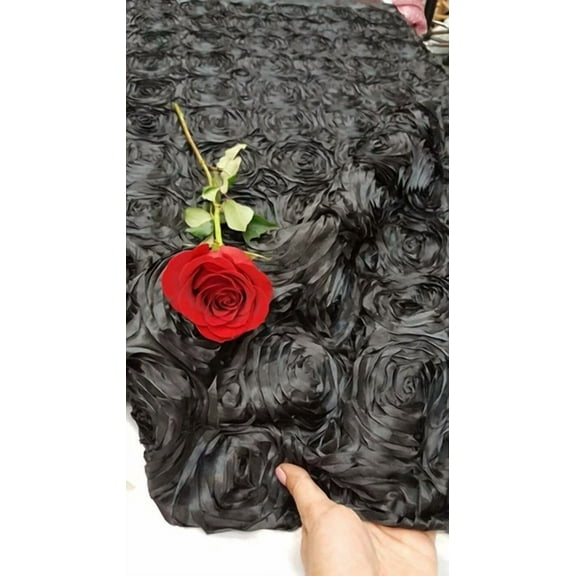 Satin Rosette Fabric Sold By The Yard Clothing Decoration Prom Black 3D Roses