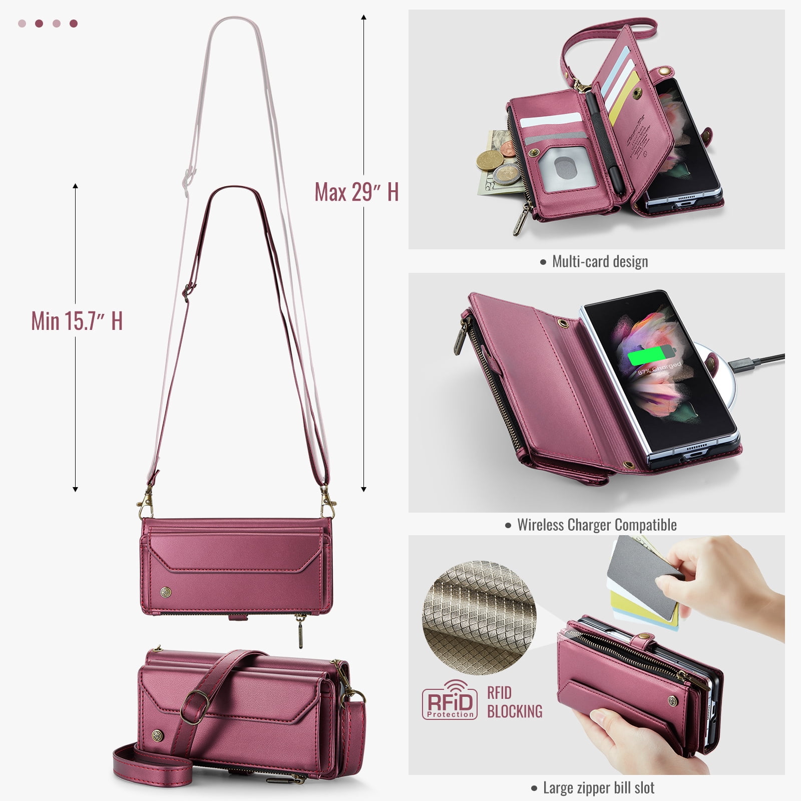 Dteck for Samsung Galaxy Z Fold 4 Case with RFID Blocking Wallet Case for Women Men, Shockproof PU Leather Magnetic Flip Strap Zipper Card Holder Phone Case,Winered